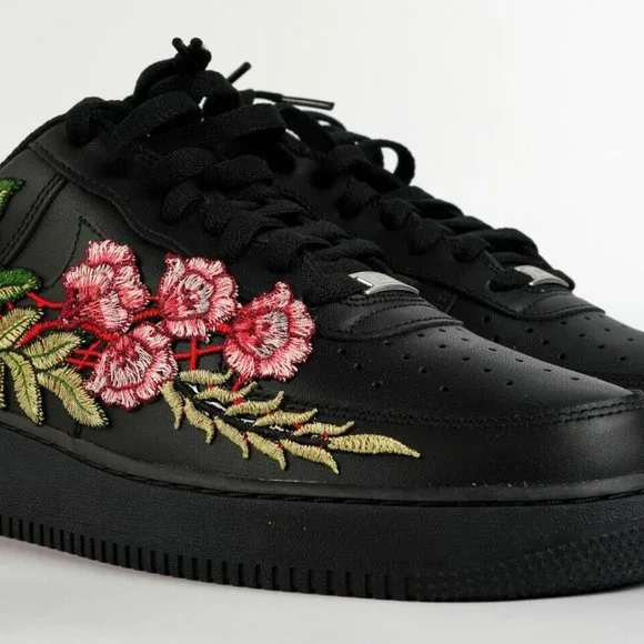 Nike Air Force Custom Sneakers Shoes Black Floral Red Rose